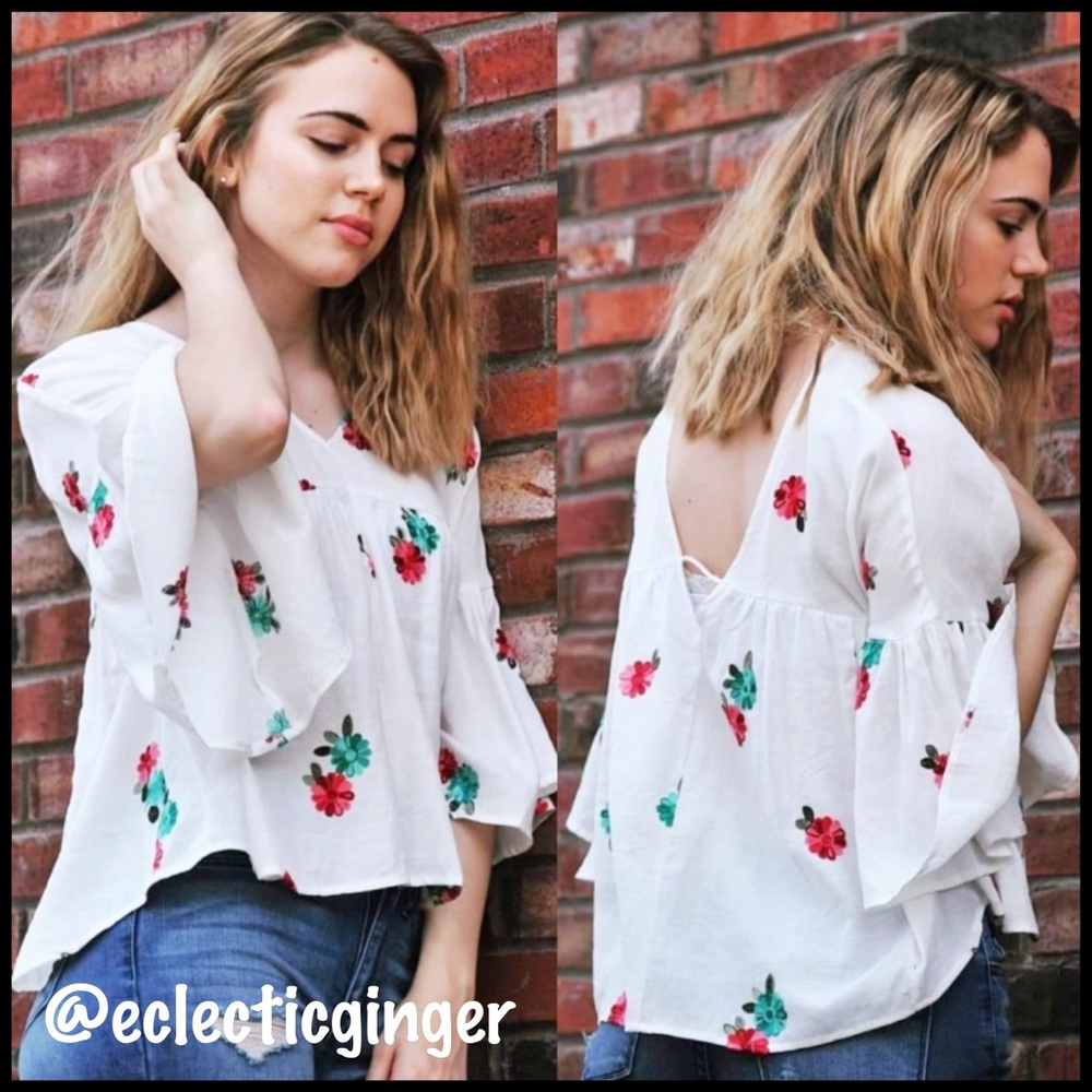 Off white pink & green floral embroidered v neck flutter sleeve top S M L